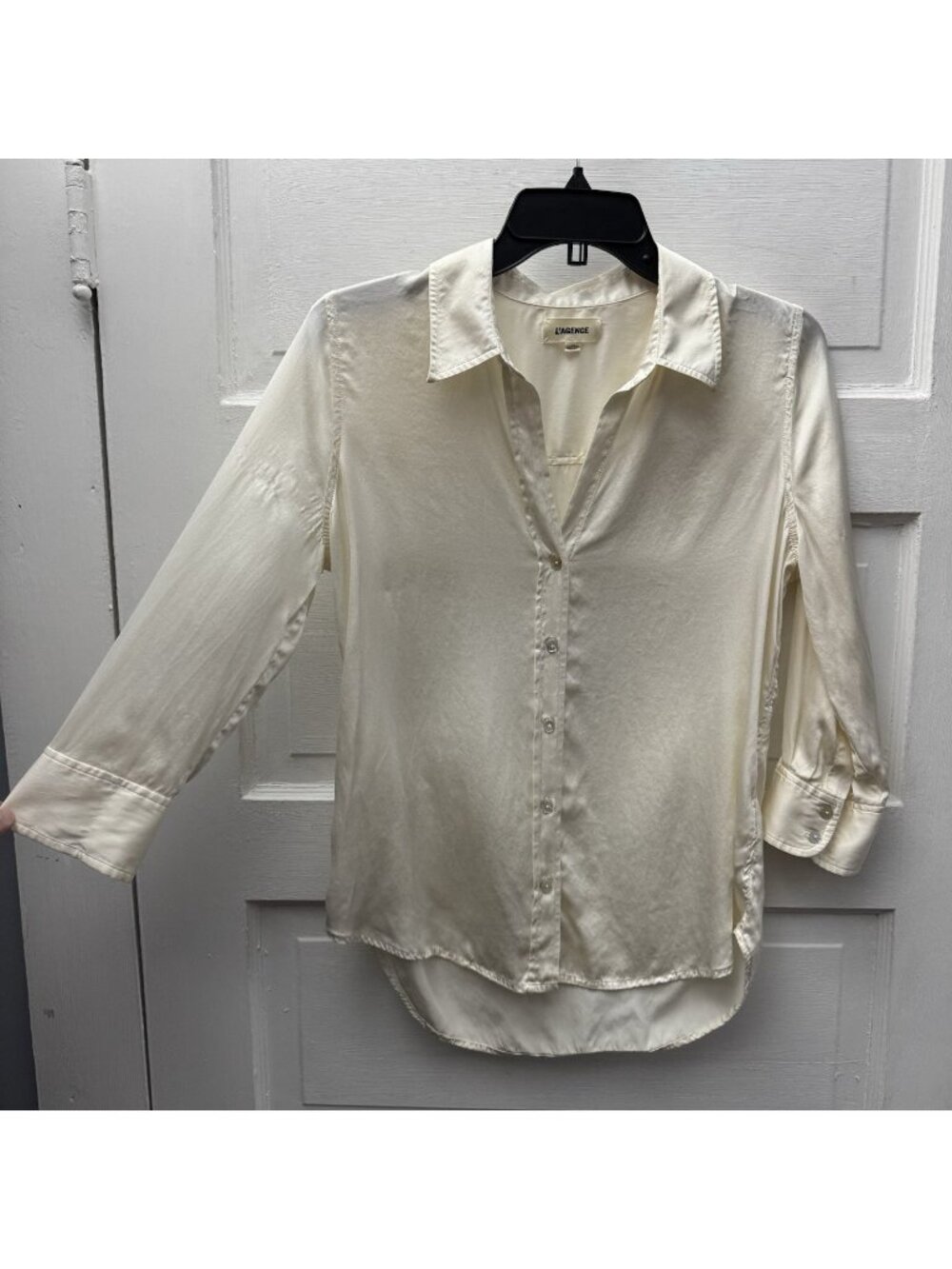 L’AGENCE 100% Silk Ivory Button Front Blouse 3/4 Sleeve Size Small
